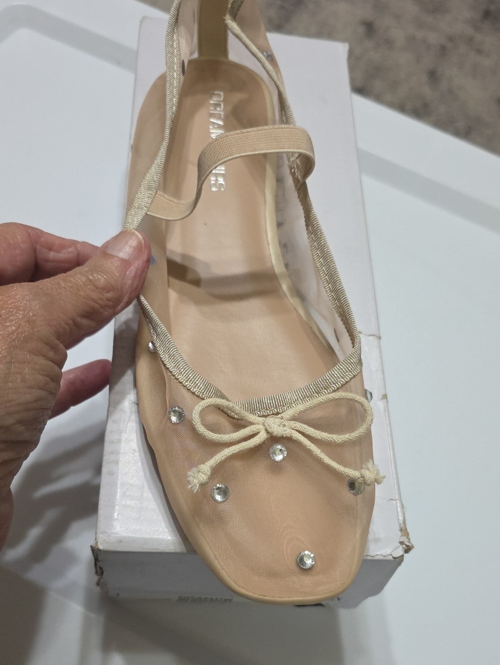 Dream Pairs Nude Crystal Bow Mesh Ballet Flat